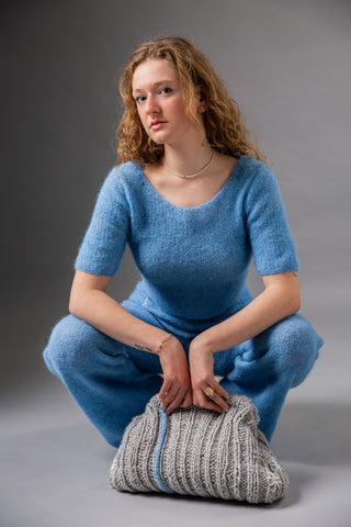 FROST FLOWER - lined bag with clip closure made of pure, Italian, voluminous cashmere with embroidered stick flowers - casual festivity