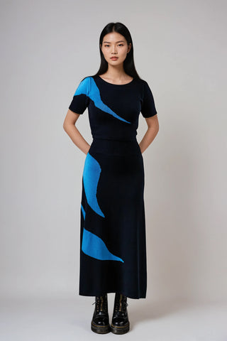 LEAFLINE - Set of long skirt and short-sleeved sweater in double-threaded cashmere - Structure in flowing form